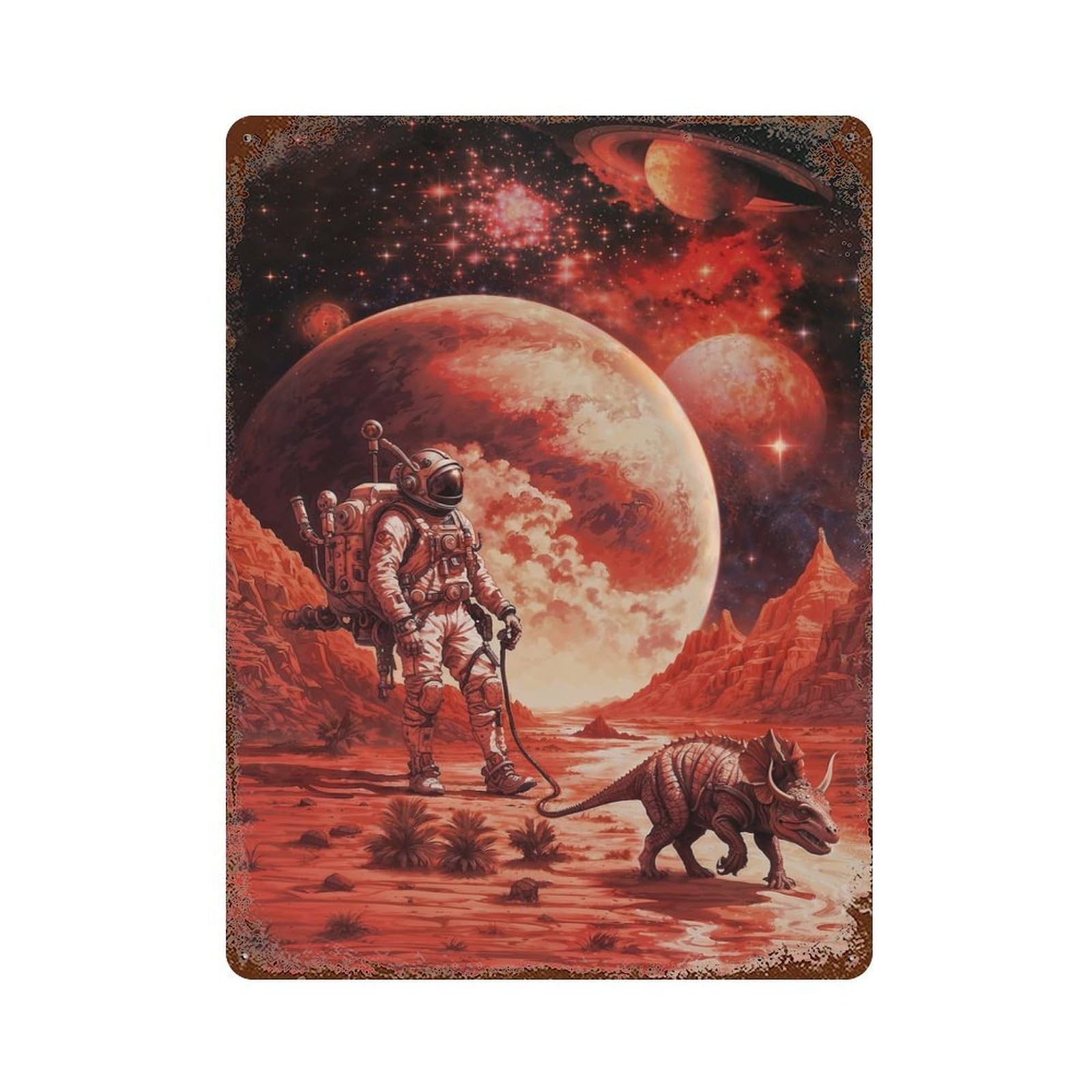 Astronaut Walks Alien Dino Rusty Metal Tin Sign 15.7"x11.8", Ideal for Farmhouse, Kitchen And Entryway Decor