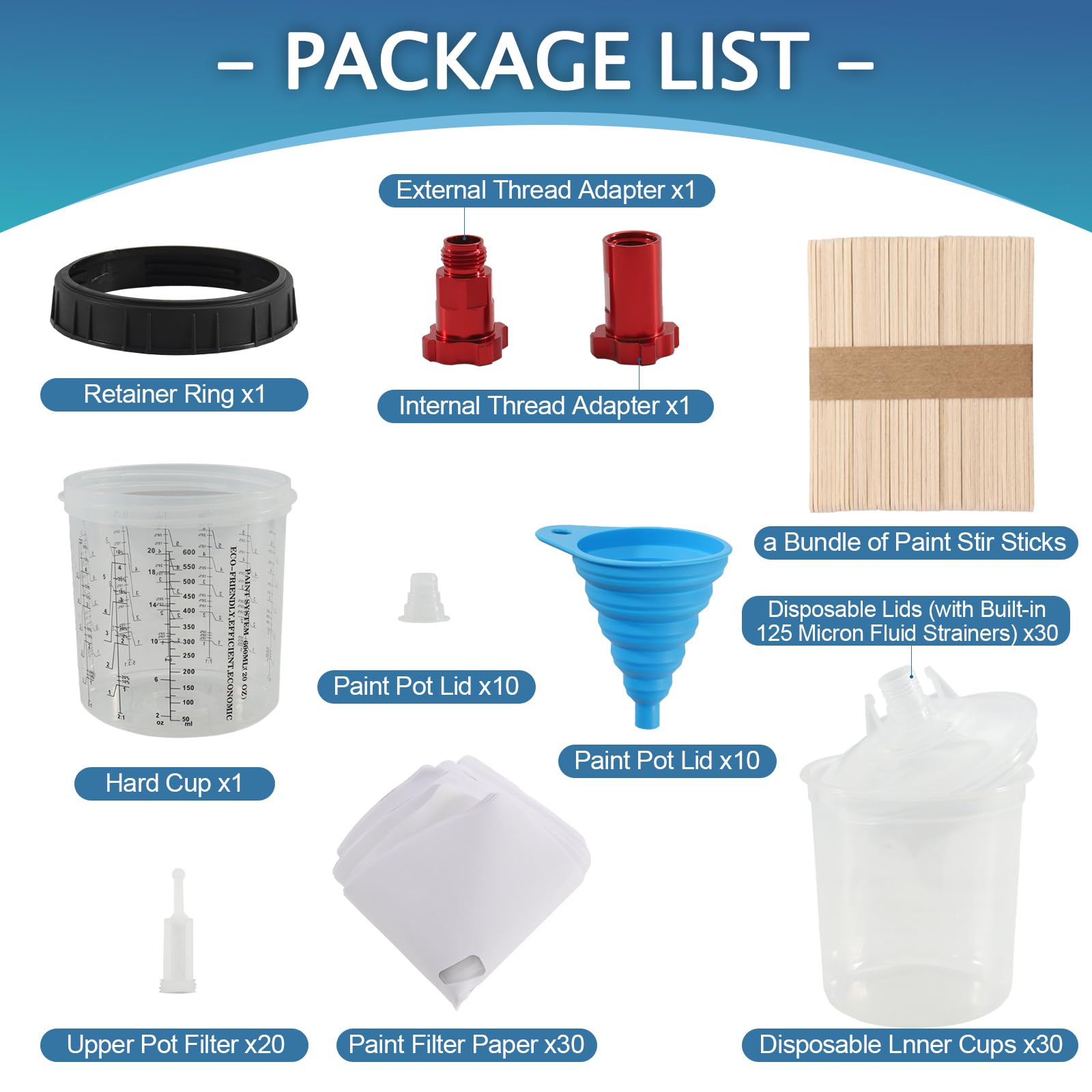 Ensemble de Godets de Peinture 600ML pour Pistolets HVLP/LVLP, Gobelet Réutilisable avec Graduation, mit Gobelets Jetables, Filtres, Bouchons, Entonnoir, Adaptateurs et Mélangeurs en Bois
