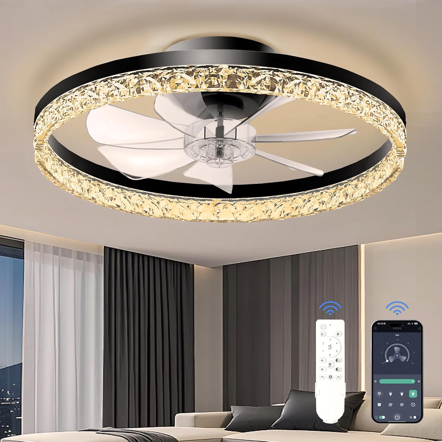 Ceiling Fans with Lights and Remote, 20" Modern Low Profile Foldable Ceiling Fan with Light, Stepless Color Temperature Change and 6 Speeds for Bedroom, Kids Room and Living Room (Crystal Black)