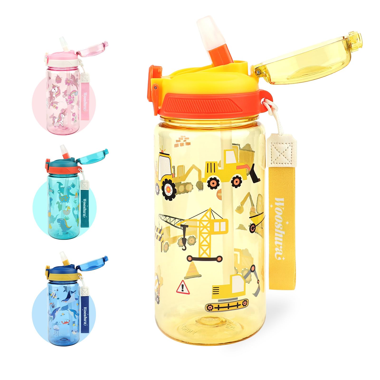 wooshwa Trinkflasche Kinder, Auslaufsicher Einhandöffnung, Sport Wasserflasche mit Strohhalm, Kindergarten Schule und Sport Flasche für Jungen, Tragegriff BPA-frei Spülmaschinenfest 600ml, Bagger