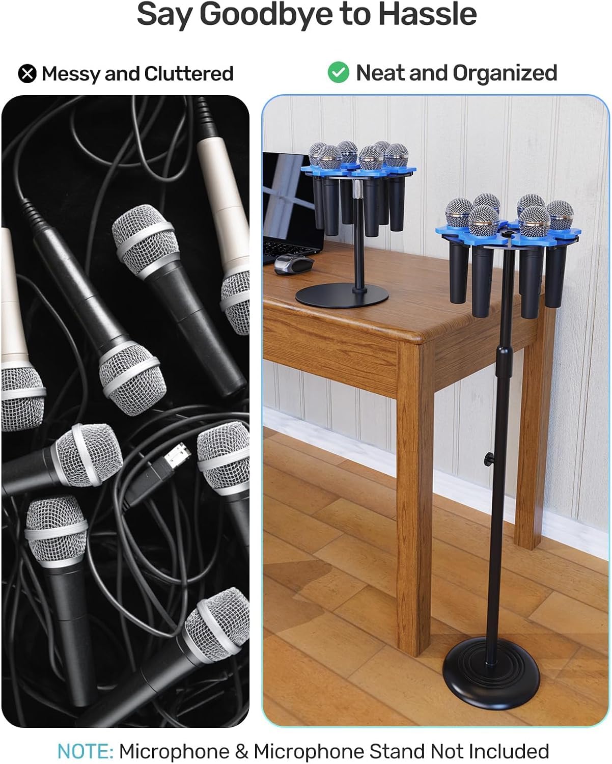 Etour 6-Slot Multi Microphone Holder for Mic Stand Alloy Base & Anti-Roll Rings, Compatible with 5/8" - Image 2