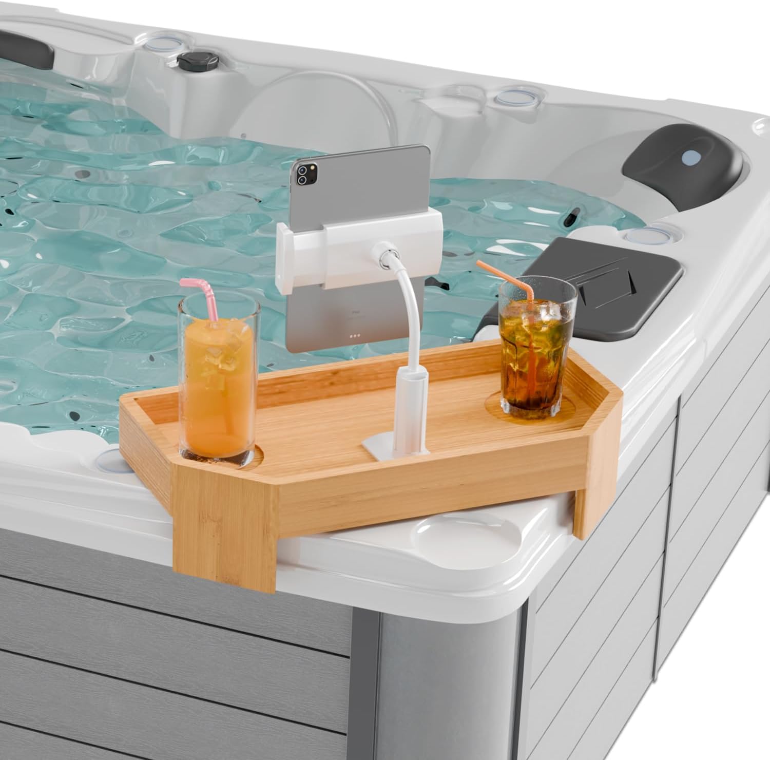 bamboo hot tub tray with adjustable phone holder, non-slip bath table tray with card & scented candle - spa gift set for hot tub owners, women, parents - christmas, birthday gift idea