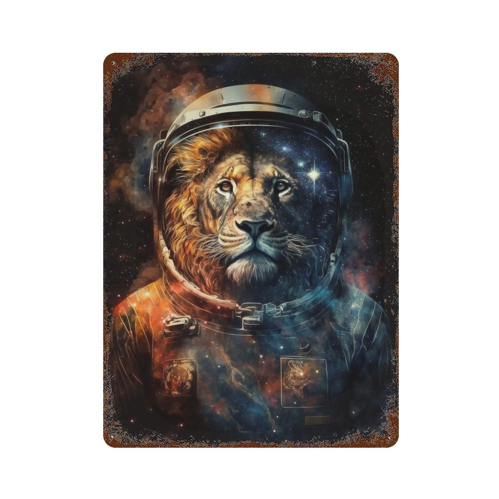 Vintage Rust Metal Sign Lion Astronaut in Space -6 15.7"x11.8", Vintage Wall Decor for Office, Studio And Wall Decor