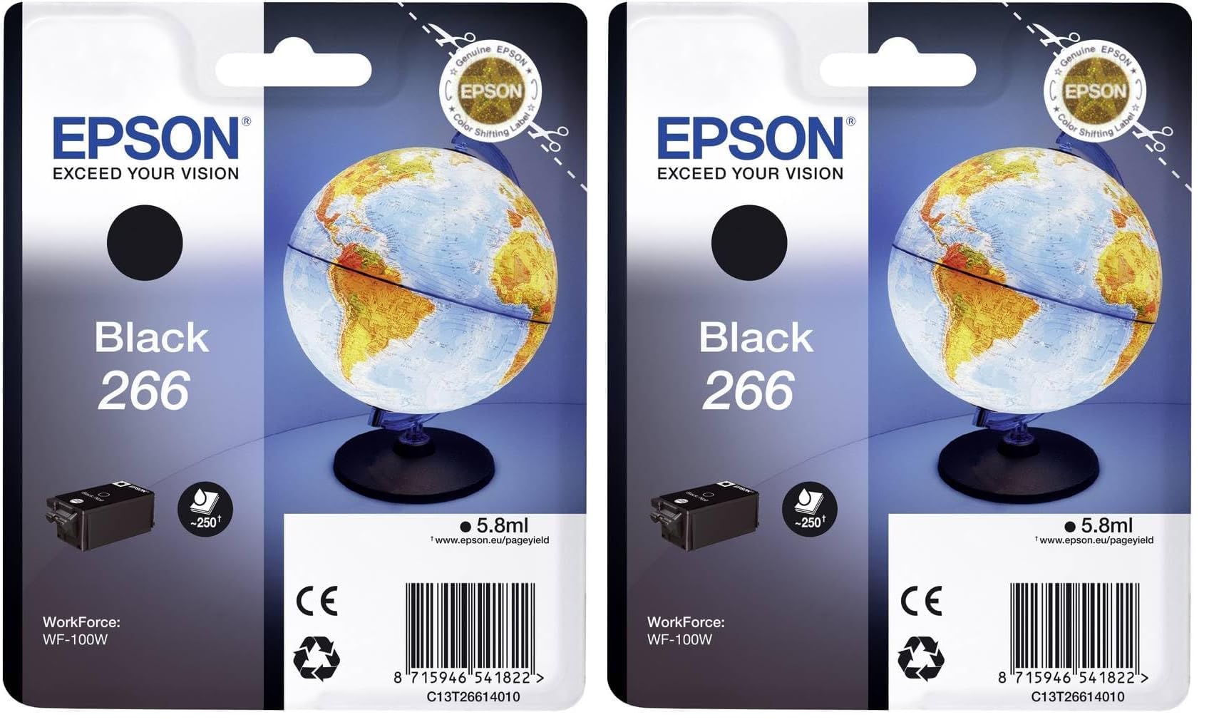 Epson Original 266 Tinte Globus, WF-100W WF-110W, wisch- und wasserfeste Pigmenttinte (schwarz) (Packung mit 2)