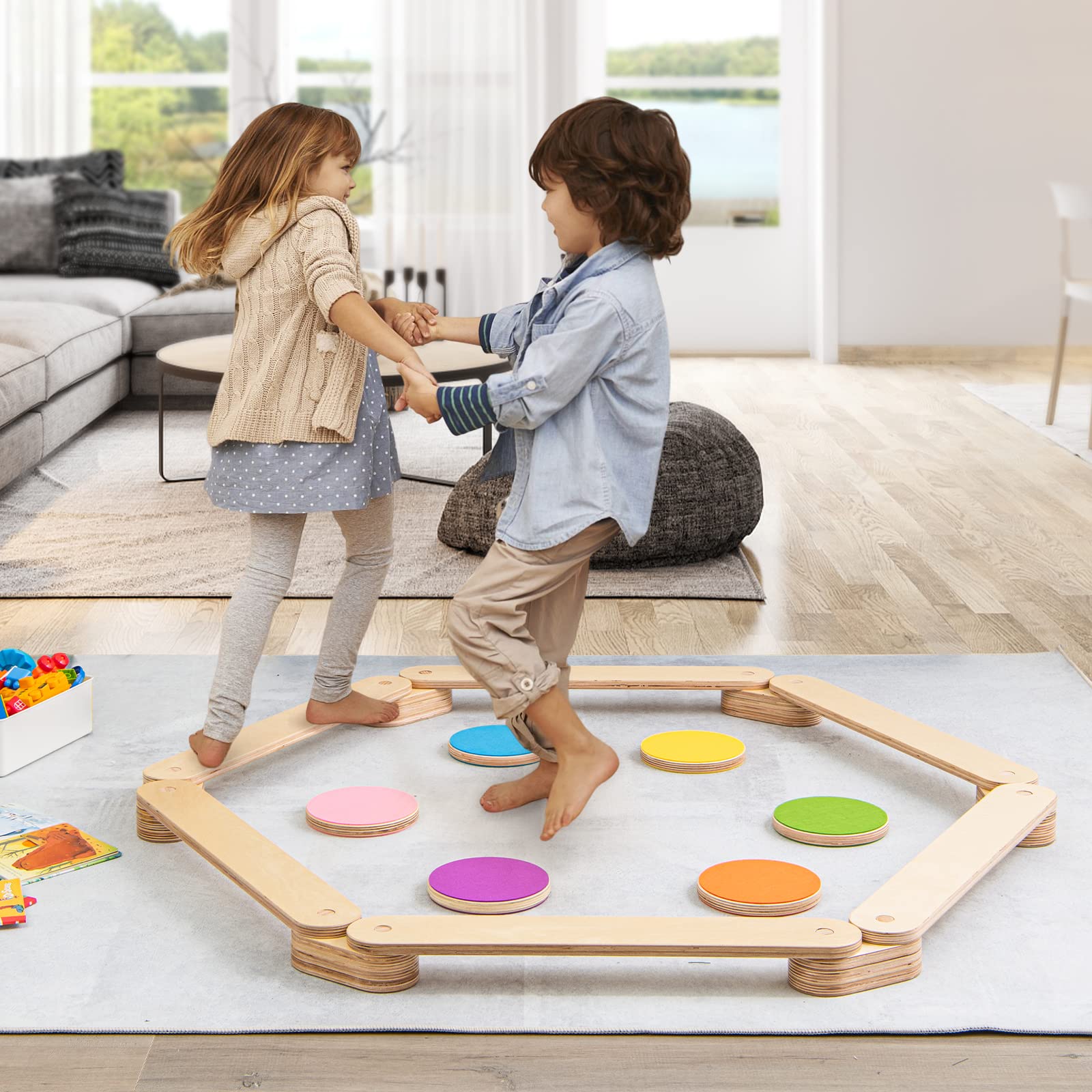 GOPLUS Poutre Équilibre Enfant, 12PCS Parcours de Motricité avec Pierre de Marche, Jouets d'Équilibre Intérieur en Bois, Charge 40 kg, pour 3-7 Ans, Multicolore