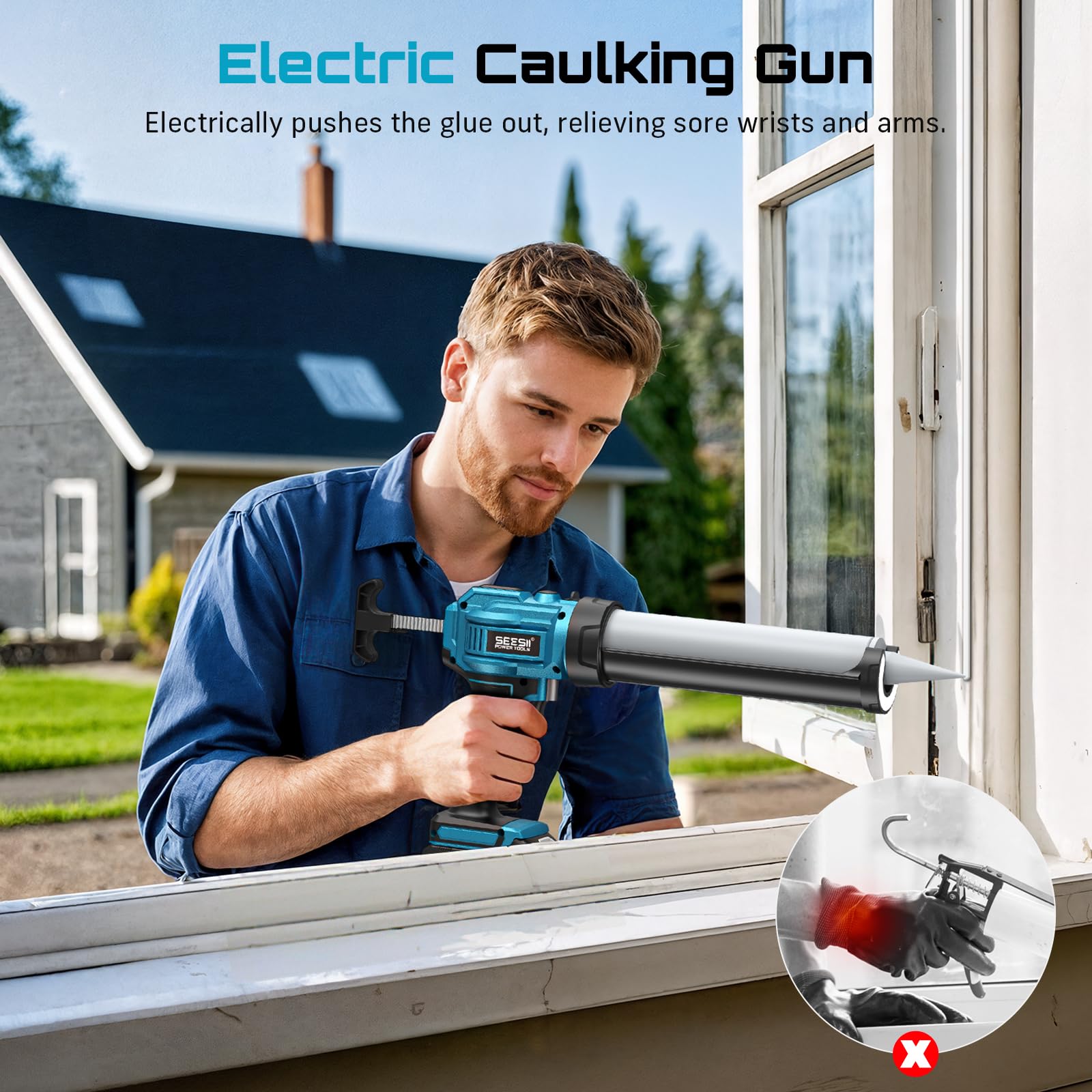SEESII Pistola de calafateo eléctrica inalámbrica con batería de 2000 mAh, 4 velocidades ajustables, luz LED, pistola eléctrica de silicona compatible con batería Makita de 18 V para cartuchos de 10