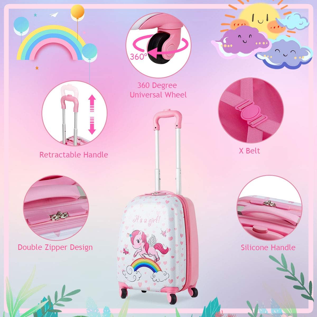 GYMAX 2Pcs Kids Carry On Luggage Set, 16" & 12" Unicorn Travel Suitcase with Spinner Wheels, Kids Rolling Luggage for Boys & Girls (Unicorn)