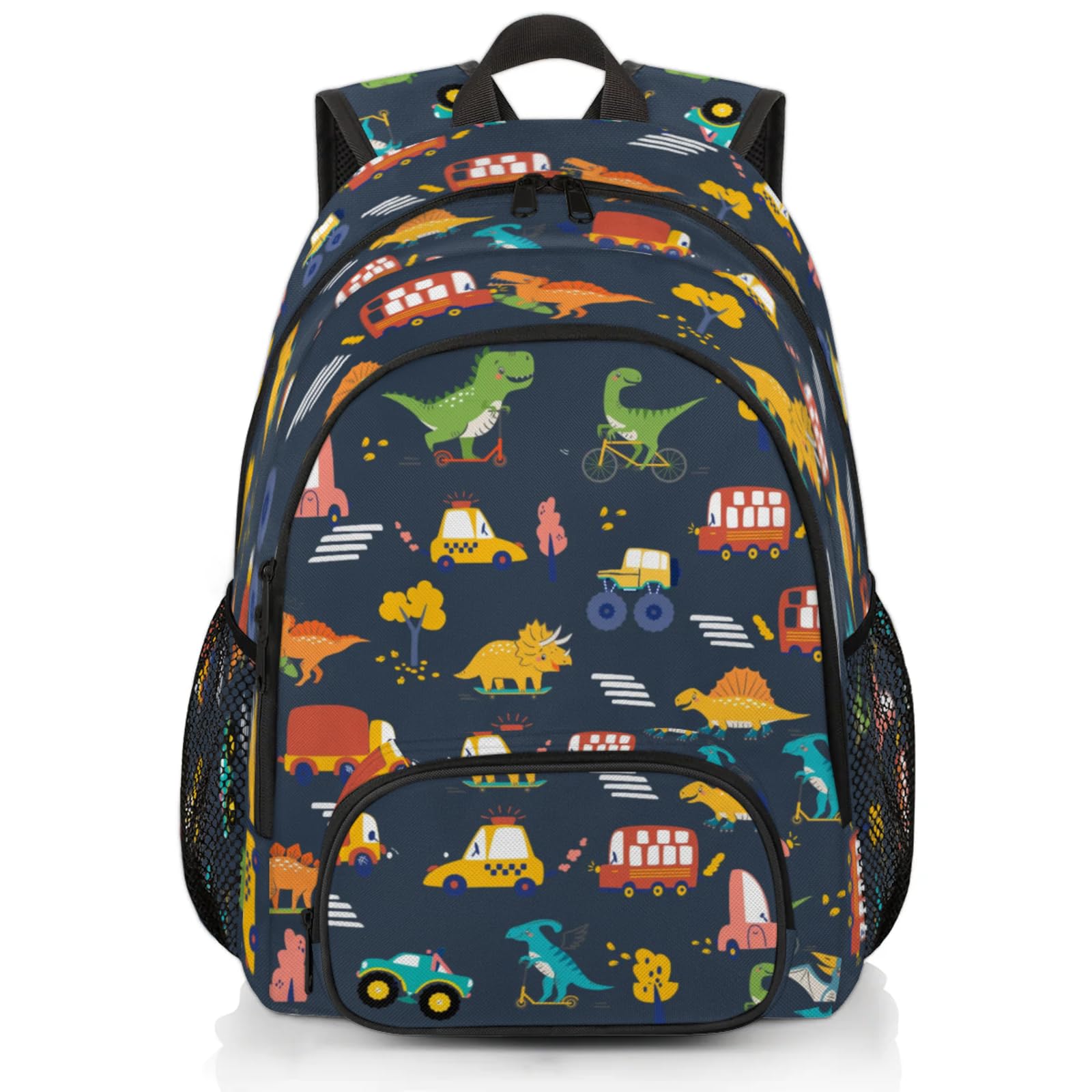 HUXINO Dinosaur Backpack for Kids 5-12, Boys Girls School, Bookbag with Dino & Vehicle Patterns, Lightweight Water Resistant Travel Backpack for