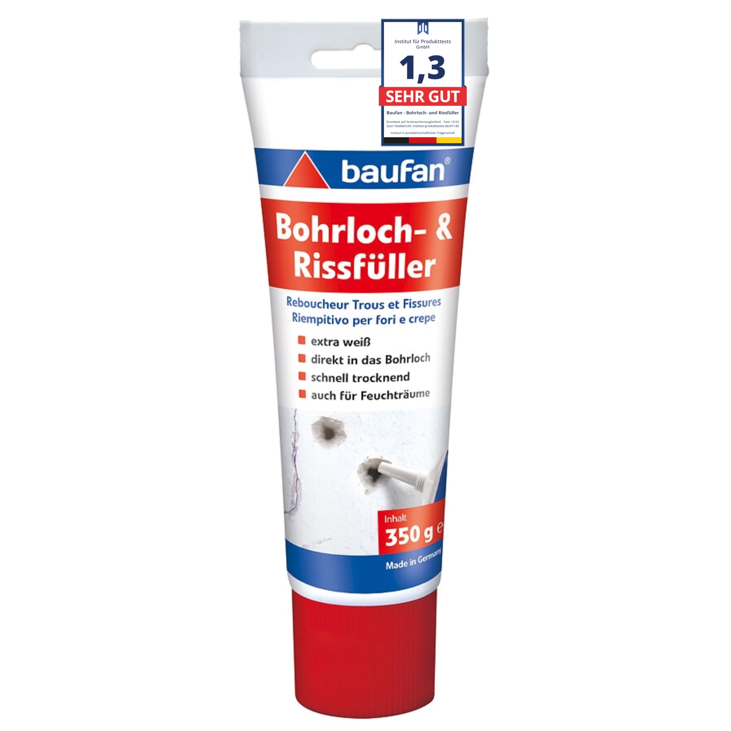 Baufan Bohrloch- und Rissfüller Weiß 350g I Schnell erhärtende Spachtelmasse I Bohrloch Füllung für innen & außen I Zum Ausbessern von Dübellöchern
