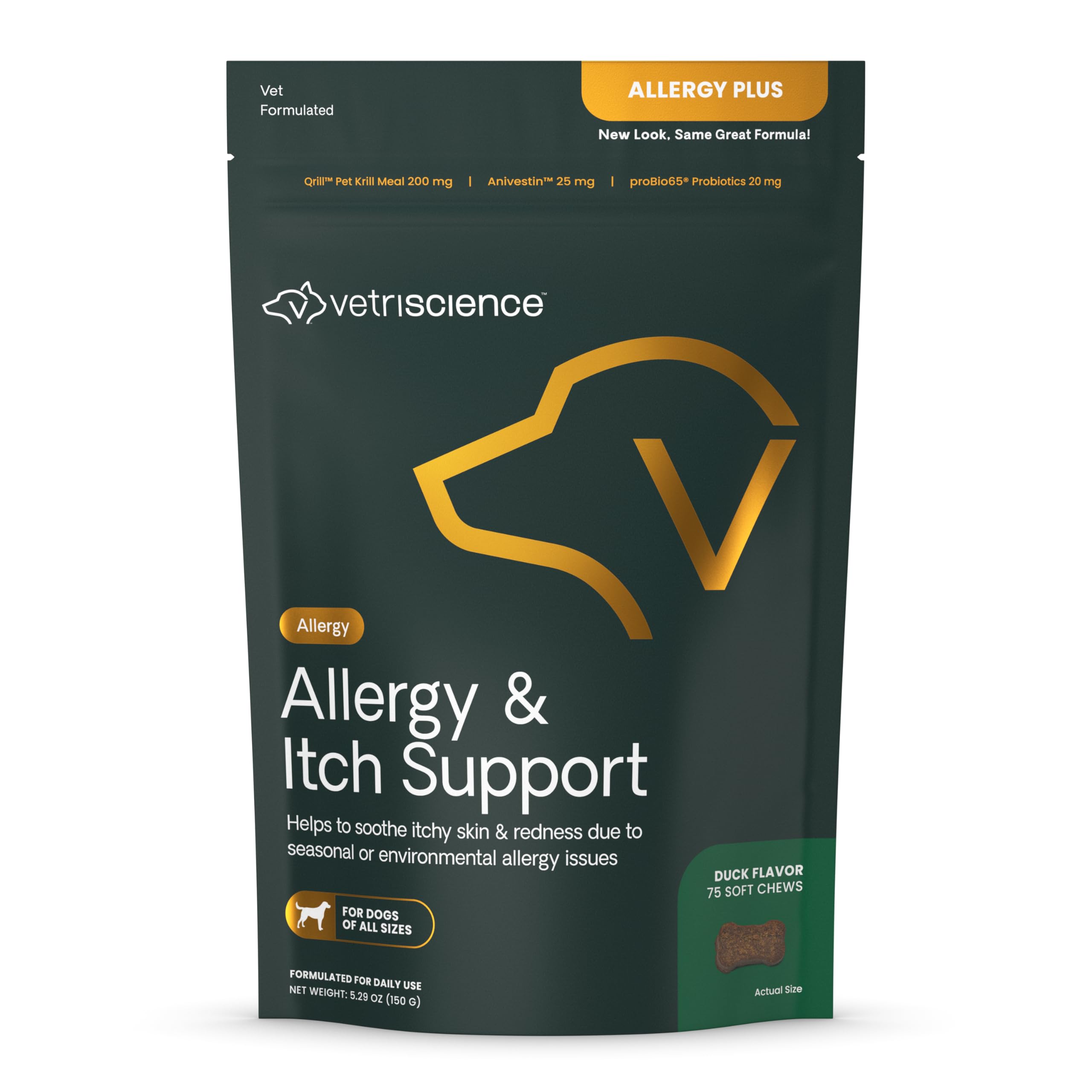 VetriScience Allergy & Itch Support Chews, Allergy Plus Skin Supplement for Dogs, Allergy Chews for Itching, Scratching, and Licking, Support Skin and Immune Health, Duck, 75 Count