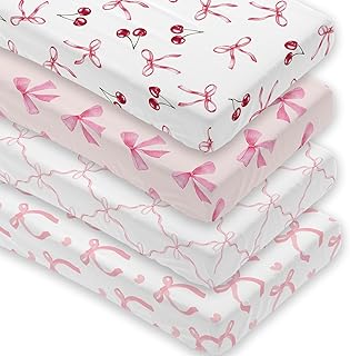 4 Pack Pink Bow Crib Sheet Set for Baby Girl, Soft Breathable Fitted Crib Sheet 28 x 52 in, Nursery Decor for Standard Crib and Toddler Bed Mattresses