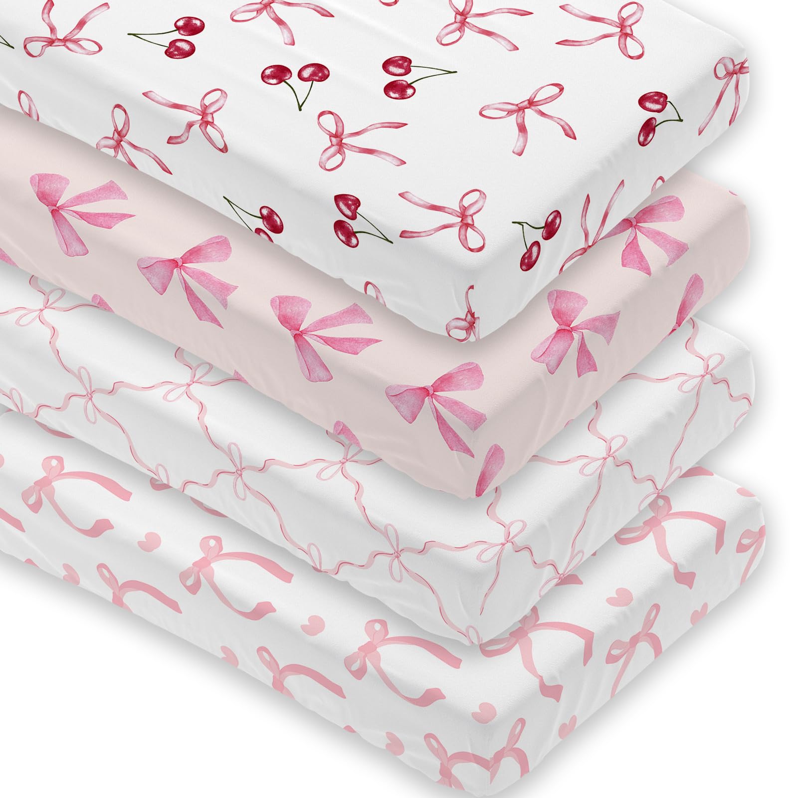 Juego de 4 sábanas para cuna con lazo rosa para bebé, sábana bajera ajustable suave y transpirable de 28 x 52 pulgadas, decoración de guardería para colchones estándar de cuna y cama infantil