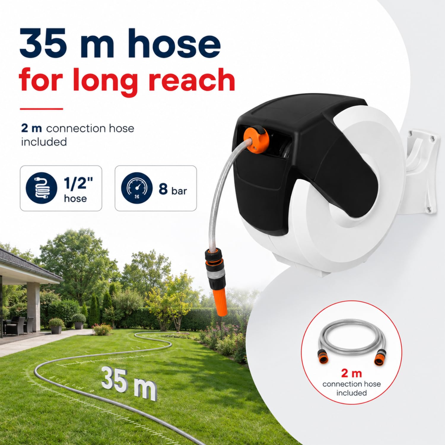 HOME IT Scatola per tubo con tubo da 35 m con avvolgimento automatico