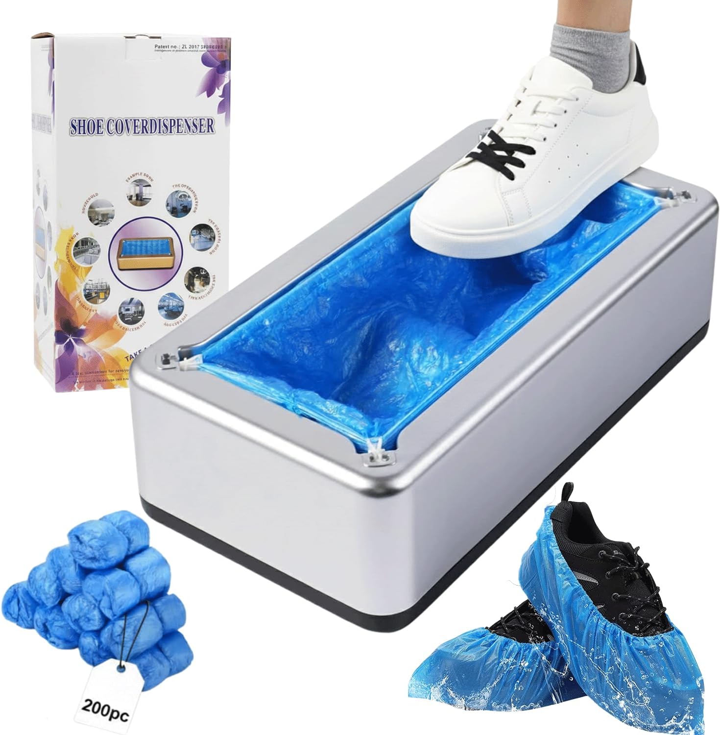 Shoe Covers Dispenser with 200pcs Shoe Cover Disposable Non Slip, User-Friendly and Reliable Shoe Cover Machine, Automatic Shoe Cover Dispenser for Home, Office, Factory Use