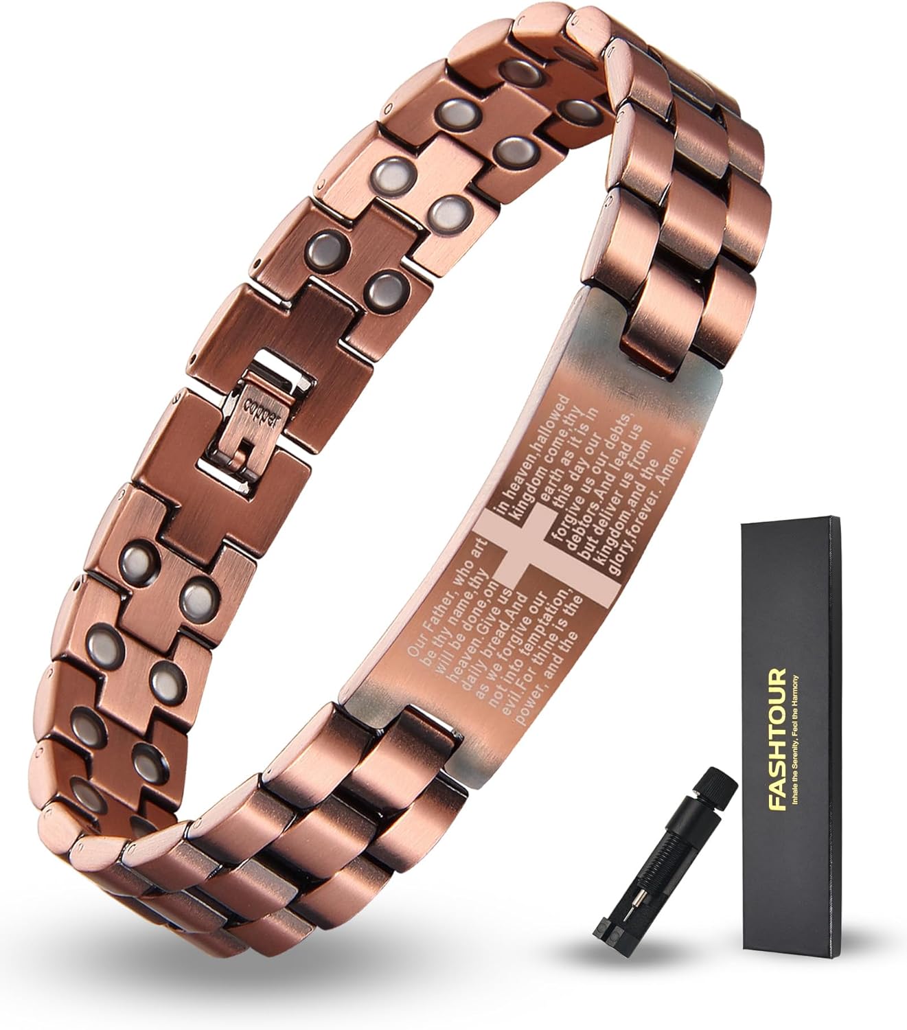Copper Magnetic Cross Bracelet for Men - Ultra Strength Magnetic Mens Cross - With Size Adjustment Tool