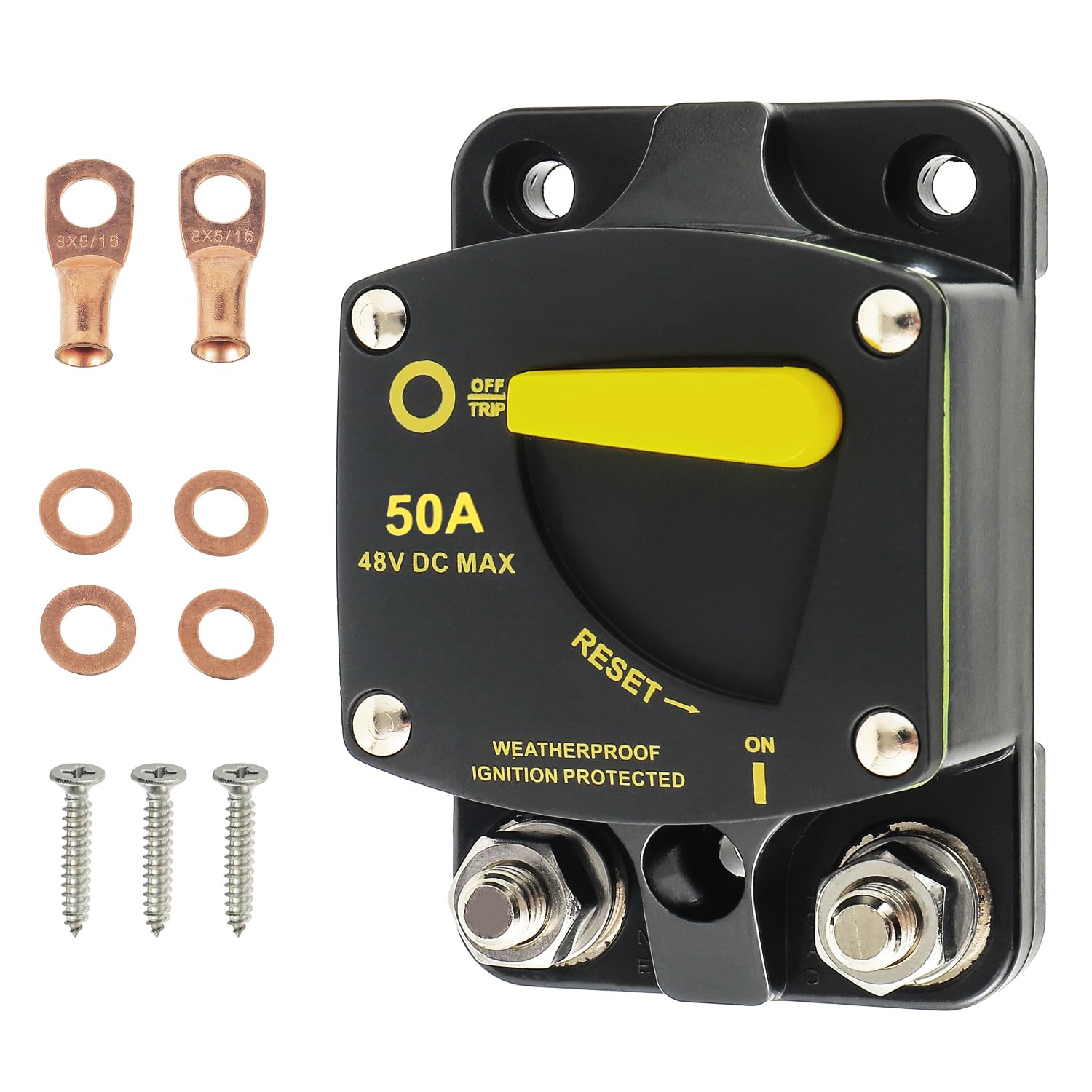 50A Marine-Leistungsschalter Rücksetzbar, mit Manueller Reset-Taste 12V-48V DC für Boot, Trolling, Wohnmobil, Yacht, mit Drahtösen Kupferscheibenschrauben