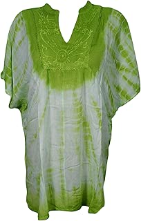 Women's Blouse Top Green Tie Dye Embroidered Beach Tunic One Size