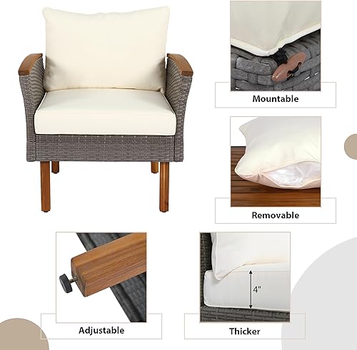 Miniatura 4 de Juego de conversación al aire libre con patas de madera de acacia y mesa, juego de muebles de ratán de patio de 9 piezas con mesa de centro y