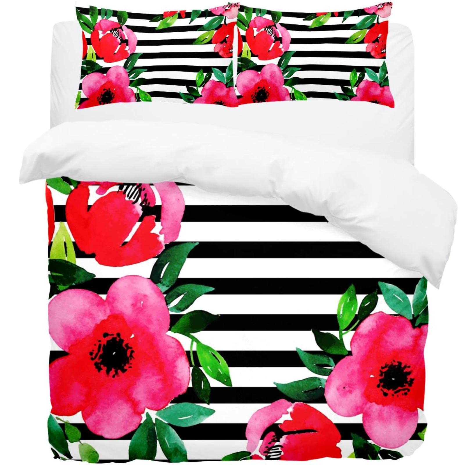 Housse de couette floral rayé et 2 taies d'oreiller pour lit double King et Queen