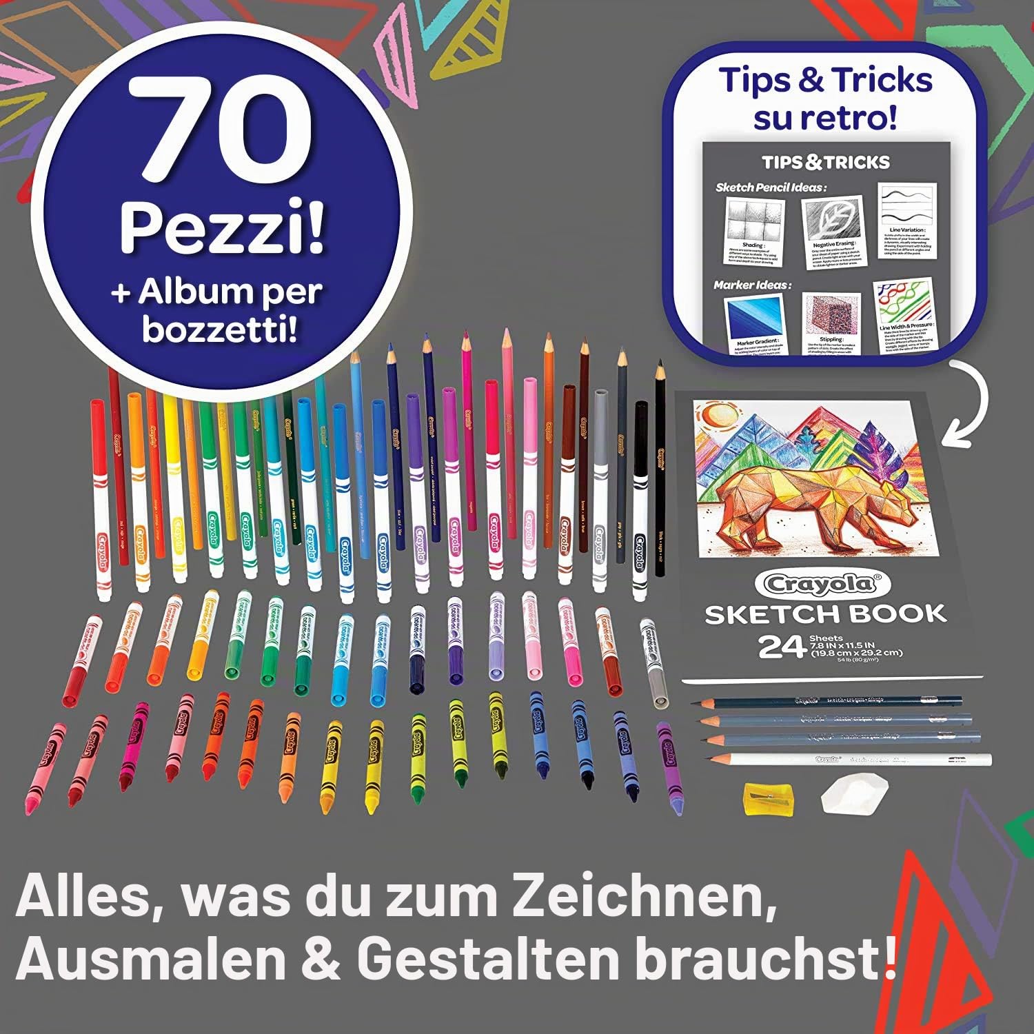 Crayola® Köfferchen Skizzen & Farben, Geschenk für Kinder, Kreative Aktivitäte | 70-teiliges Zeichen- und Malset mit Zeichenblock, Geschenk