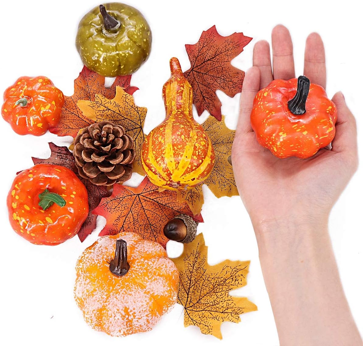 Ivenf Thanksgiving Artificial Pumpkins 50 Pcs, Fall Decorations for Home Indoor, Small Plastic Pumpkins Acorns Pinecones Gourds Maple Leaves for Wedding Fall Harvest Decor, Fall Pumpkins Décor