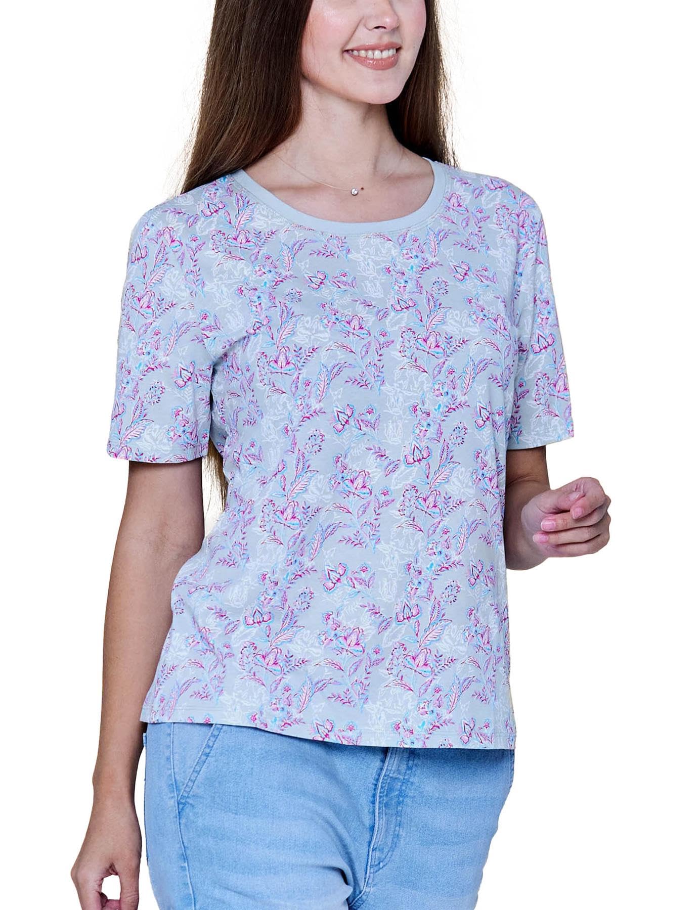 Enorsia Women’s Crayon Leaf Printed T-Shirt – Short Sleeve Relaxed Fit Tee with All Over Leaf Print & Solid Neck Piping – 100% Cotton Casual Everyday Top in Blue, 14