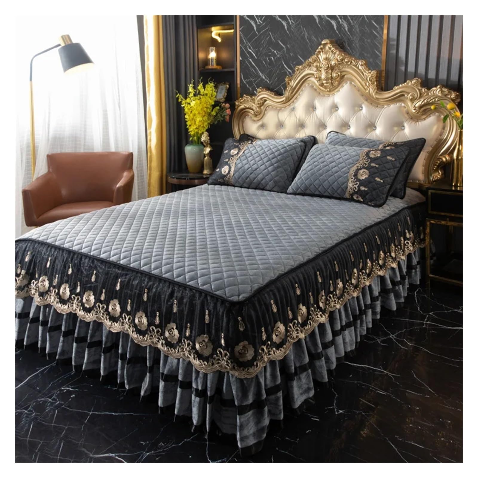 Falda de Cama Falda de Cama Gruesa Lana y Leche for Invierno, Juego Tres Piezas, Colcha algodón Acolchada, Forro Polar Coral, clásico con Cristal(Colour8,3 Pcs 200cmx220cm)