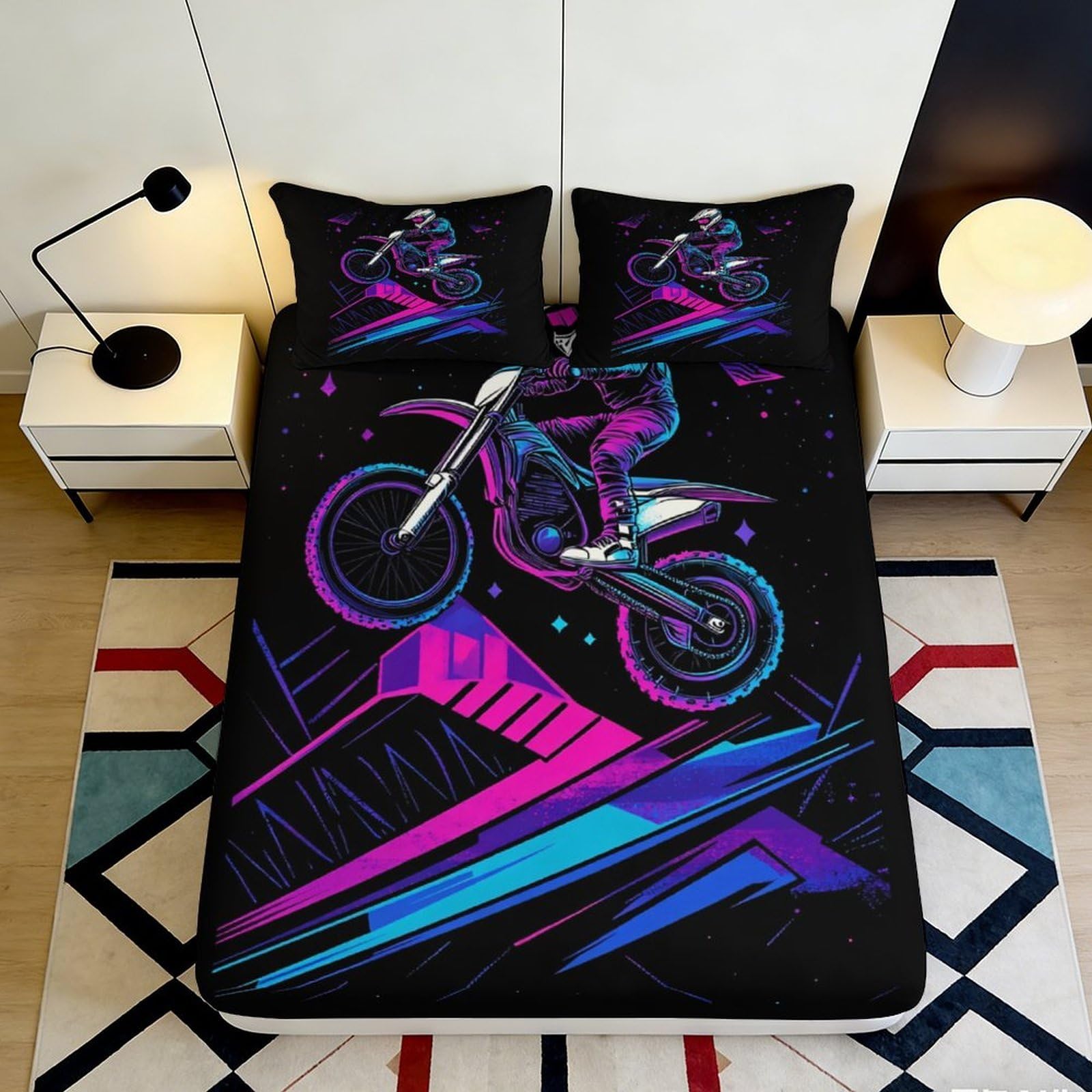 3D Printed Neon Motocross Fitted Sheet Microfiber Soft Breathable Abstract Rider Bed Cover for Bedroom Dorm Decor 90x200x25cm