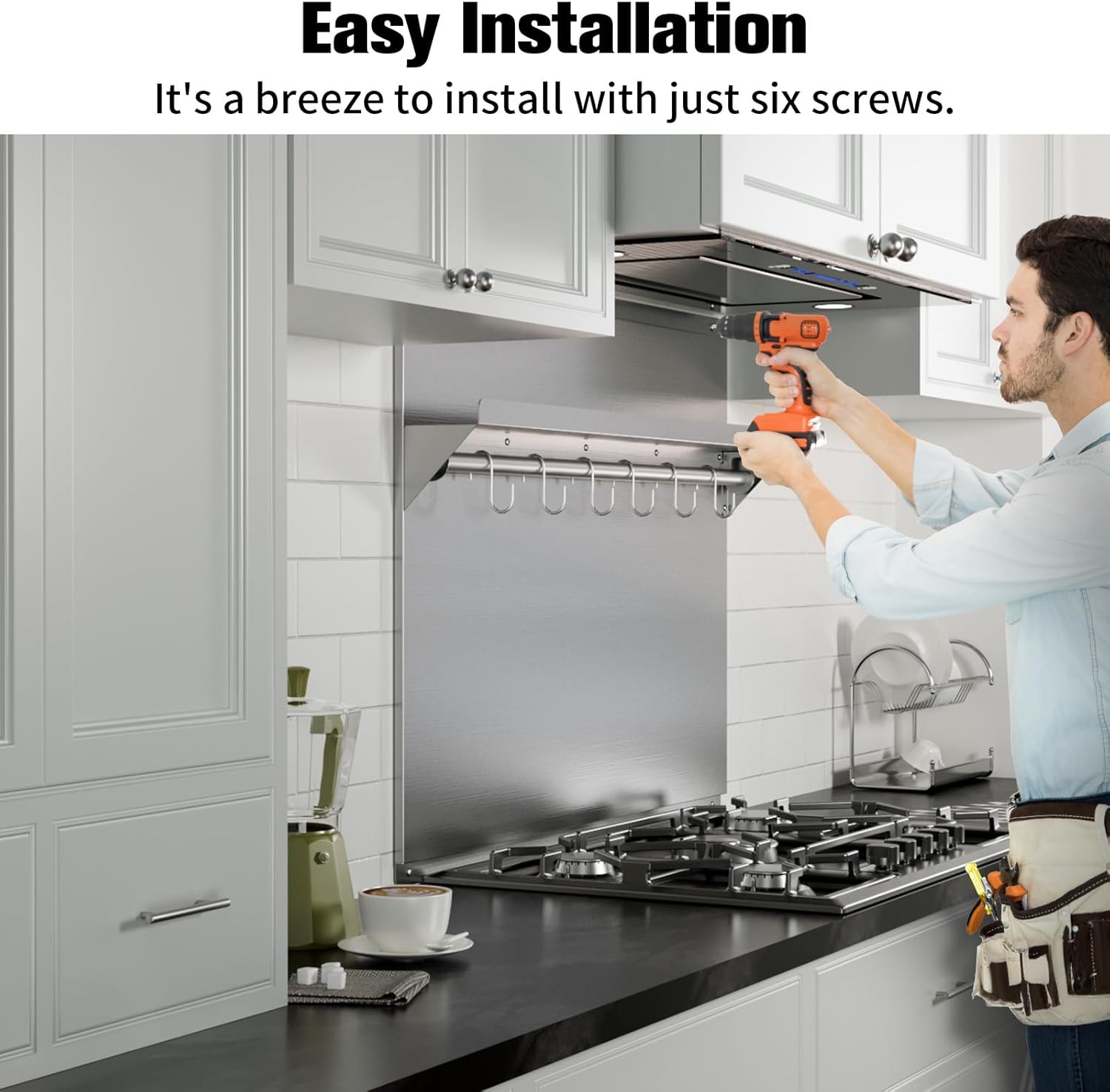 IKTCH Range Backsplash with Shelf 24 x 30 Inch Range Hood Wall Shield, Stainless Steel Backsplash Silver Splash Plate for Range Hood Stainless Backsplash with Built-in Storage Shelf and Hanging Rack