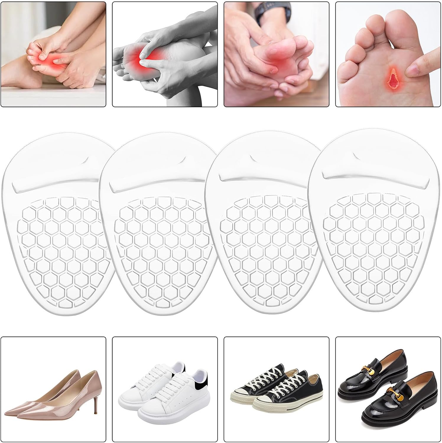 Ball of Foot Cushions High Heel Inserts 2 Pairs Silicone Forefoot Pads for Heel Relief and Shoe Grip Metatarsal Shoe Cushions