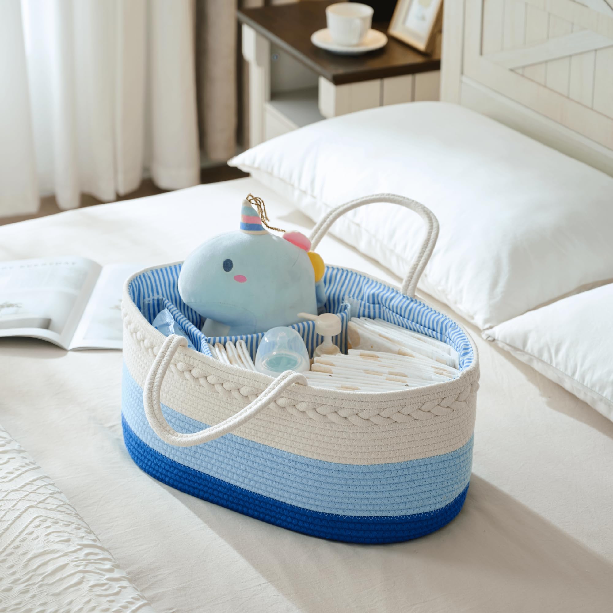 Organizador de pañales para bebé, cesta de pañales de cuerda de algodón extragrande, organizador de cambiador, bolsa portátil con divisor, almacenamiento de coche, regalos de baby shower para niños
