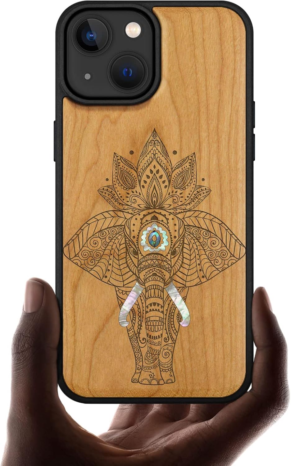 Carveit Designer Wooden Protective Magnetic Case for iPhone 14 Case [Wood Engraving & Shell Inlay] Wood Phone Cover Compatible with iPhone 14 MagSafe 6.1 Inch (Elephant-Cherry)