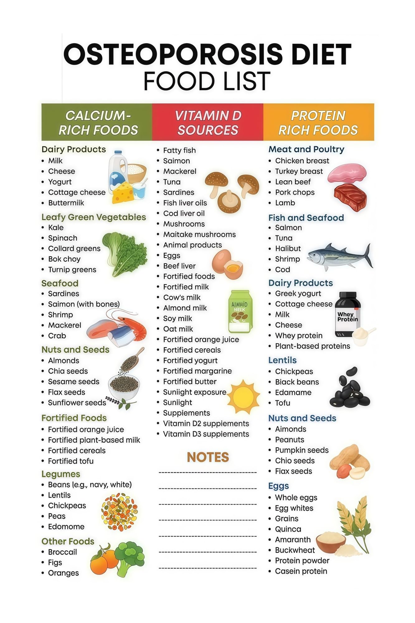 AUOQKQUT Strong Bones Diet Plan High Calcium Foods List Osteoporosis Nutrition Poster High Protein Vitamin D Rich Foods Chart Unframed,08x12inch(20x30cm)
