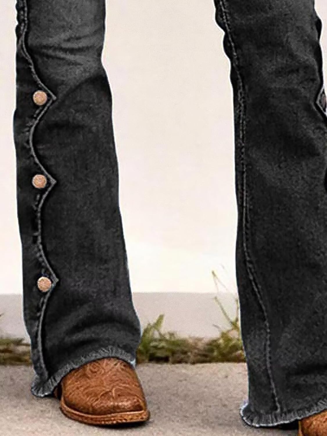 Flamingals Women's Buttoned Hem Bootcut Jeans Without Belt Mid Waist Casual Pants Navy Blue - Image 5