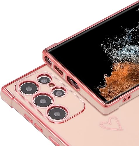Miniatura 8 de DEFBSC Funda compatible con Samsung Galaxy S22 Ultra con corazón dorado, borde chapado de lujo, protección completa de la cámara, para mujeres y