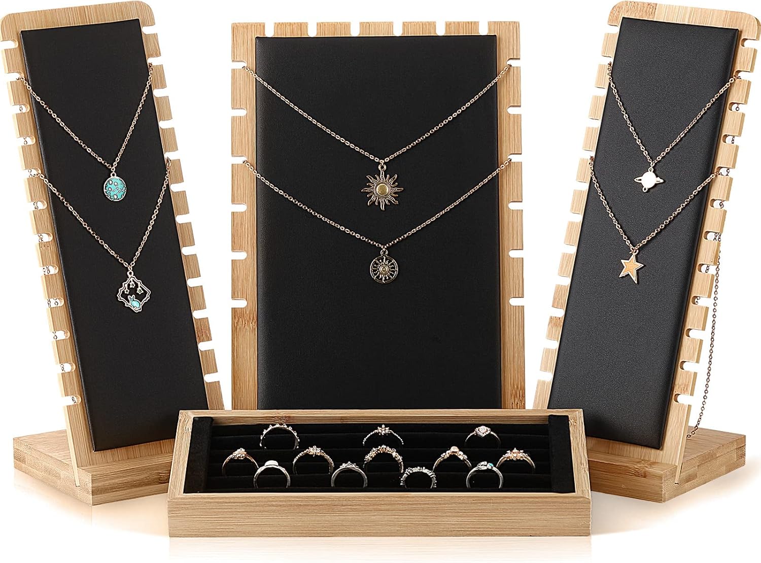 Henoyso 4 Pcs Necklace Display Stand Bamboo Jewelry Display Board Ring Organizer Holder Jewelry Storage Tray for Home Vendors