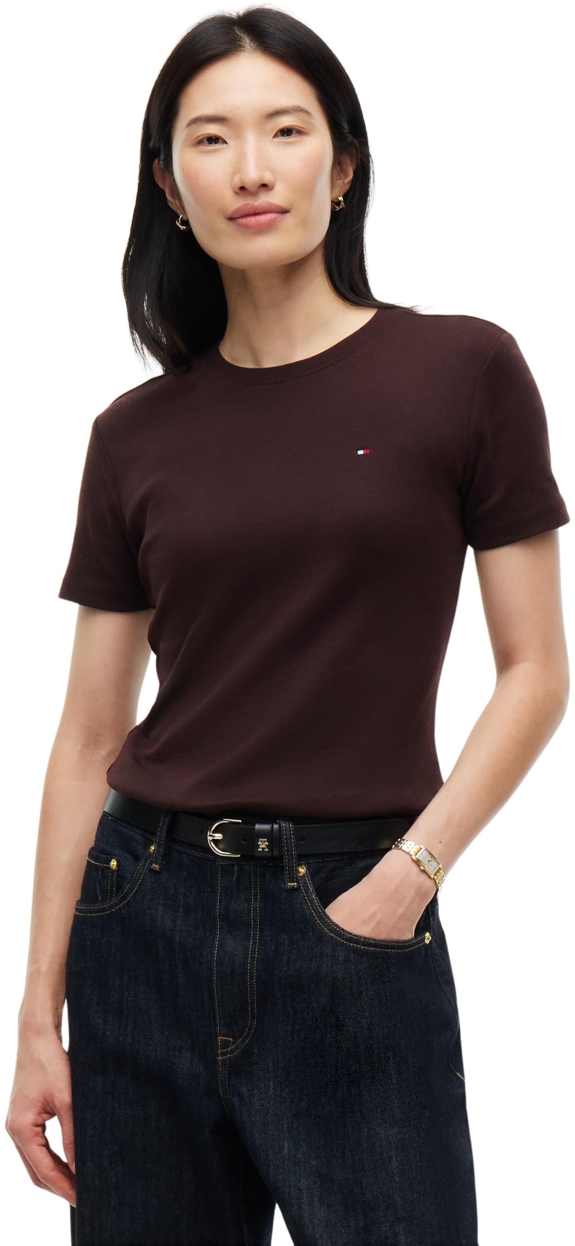 Tommy Hilfiger Damen T-Shirt Kurzarm New Slim Cody Rundhalsausschnitt, Braun (Chocolate), M