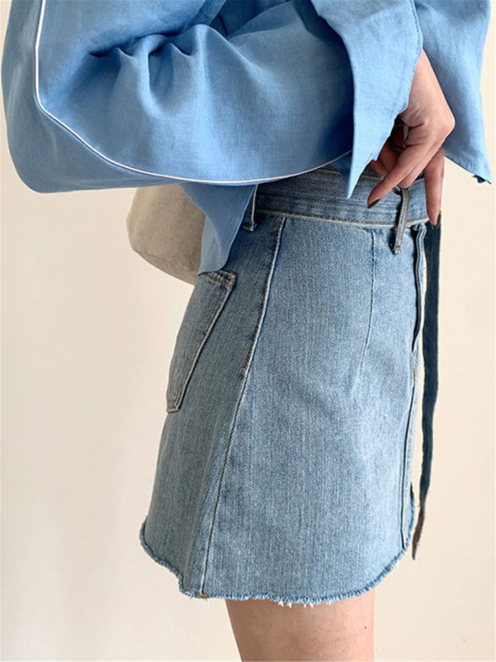 Primavera Estate Chic Cintura Mini Jeans Gonne per Le Donne Vita Alta Tasca Allentata Casual Femminile A-Line Denim Gonne, Blu, M