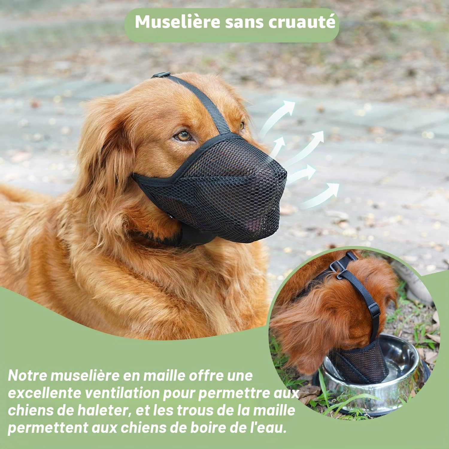 Mayerzon Muselière brevetée en Maille Souple pour Chiens de Petite, Moyenne et Grande Taille, pour la fouille, Les morsures, Le léchage et Le mâchouillage, Permet de haleter et de Boire, Noir, L