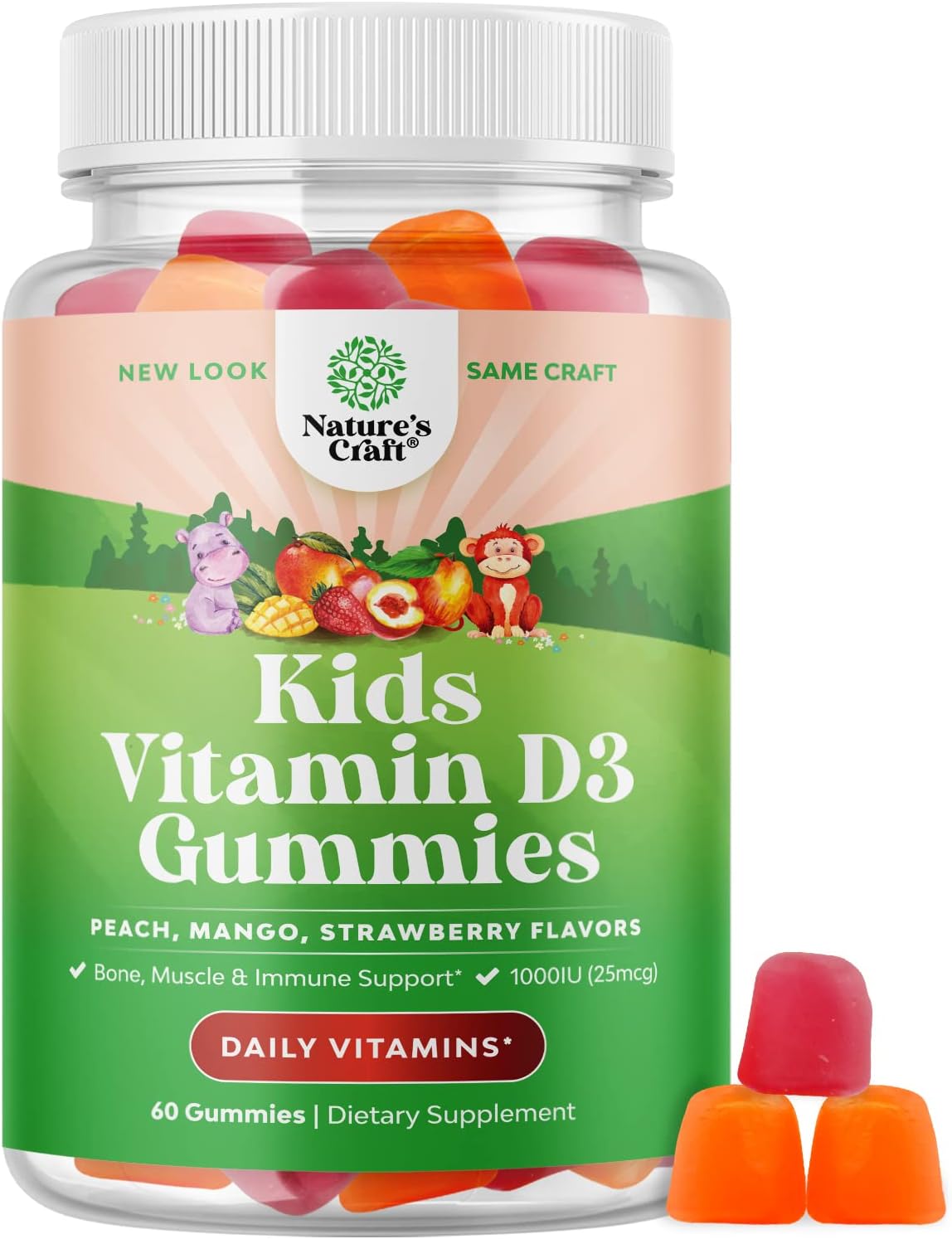Chewable Vitamin D Gummies for Kids - Delicious Kids Vitamin D 1000 IU Gummy Vitamins for Kids and Toddlers Immune Support Plus Muscle Teeth and Bone Health - Gelatin Free Non-GMO Fruit Flavors