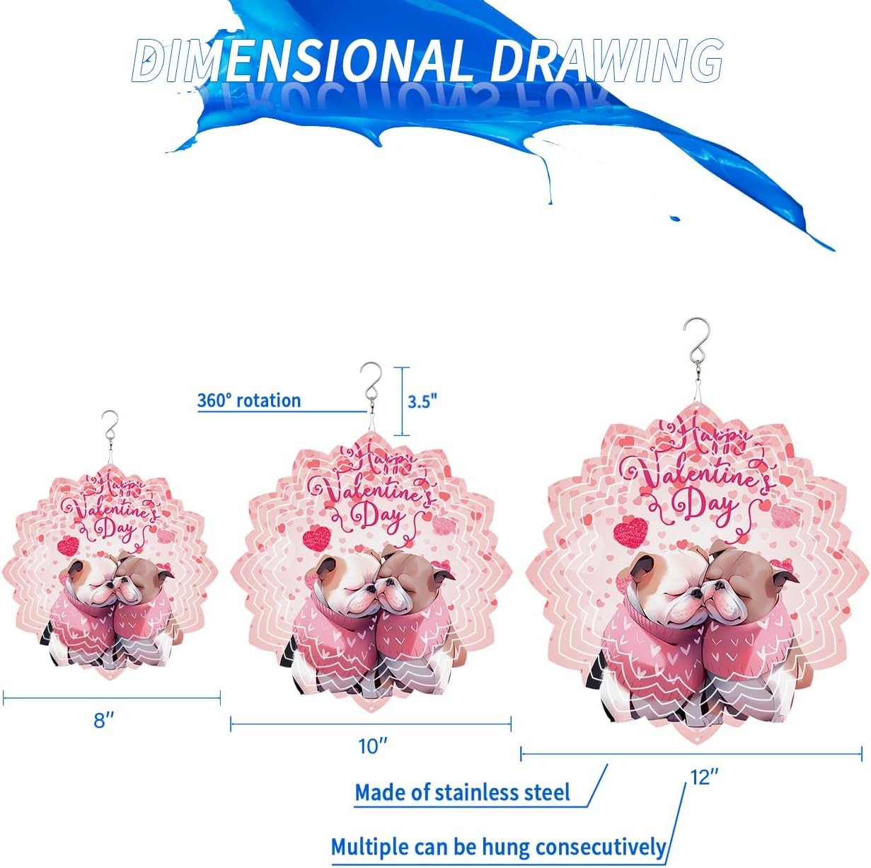 Romantic Dog Love Heart Wind Spinners for Yard and Garden, Metal Wind Spinner Hanging for Outdoor Indoor, Pink Valentine's Day Porch Garden Wind Sculptures Ornament Spinner 12inch(Floral)