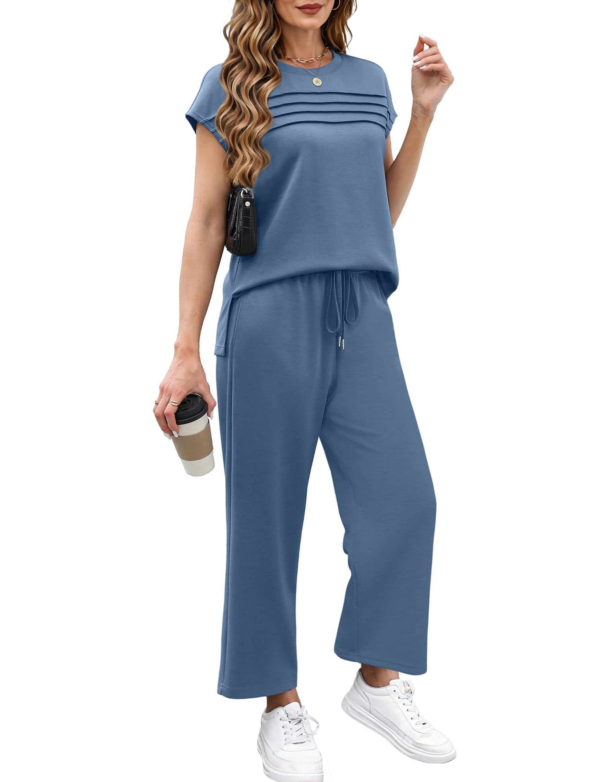 Desol Set estivo casual da donna in due pezzi, maglietta a maniche corte con arricciatura e pantaloni larghi, comoda tuta in tessuto elasticizzato per il tempo libero, l'ufficio e le vacanze