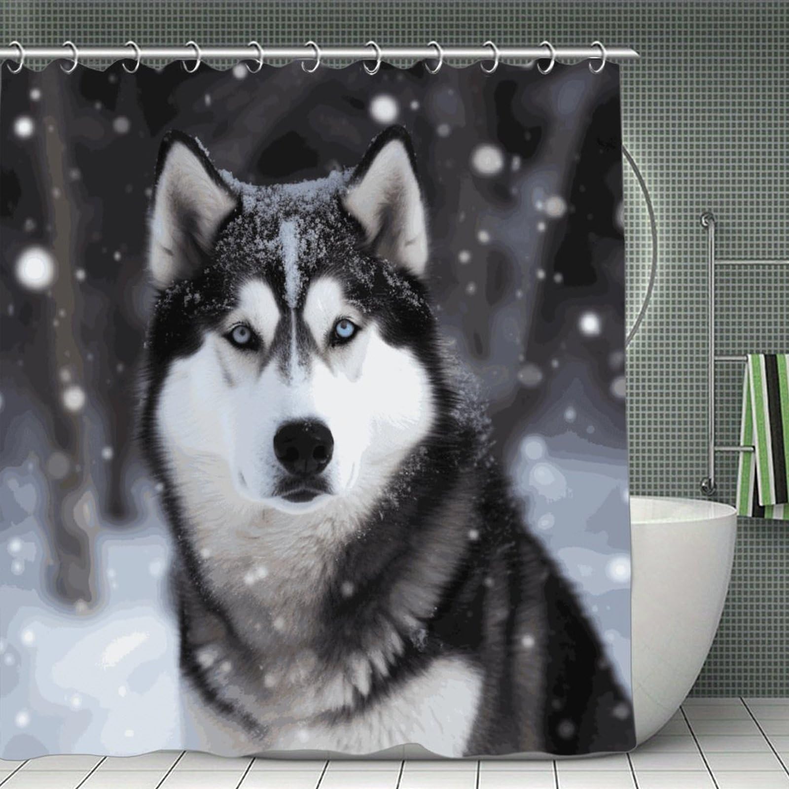 JTREHY Husky in Snow Dog Shower Curtain Waterproof Bathroom Shower Curtain Machine Washable Bath Curtains Polyester Cloth Bath Curtains for Bathroom Showers 70.8×70.8Inch