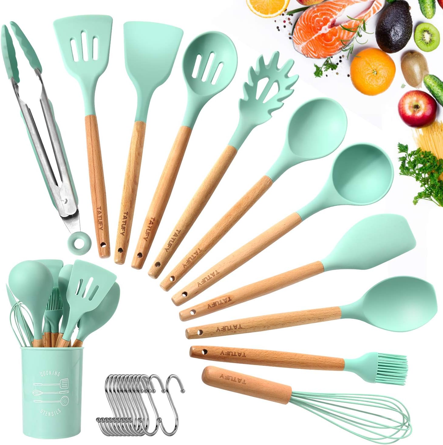 Kitchen Utensil Set 11 PCS Cooking Utensils With Plastic Utensil Holder, Non-stick Silicone and Heat Resistant Wooden Utensils. Non Toxic Turner Tongs Spatula Spoon Set. Best Chef Kitchen Tool Set