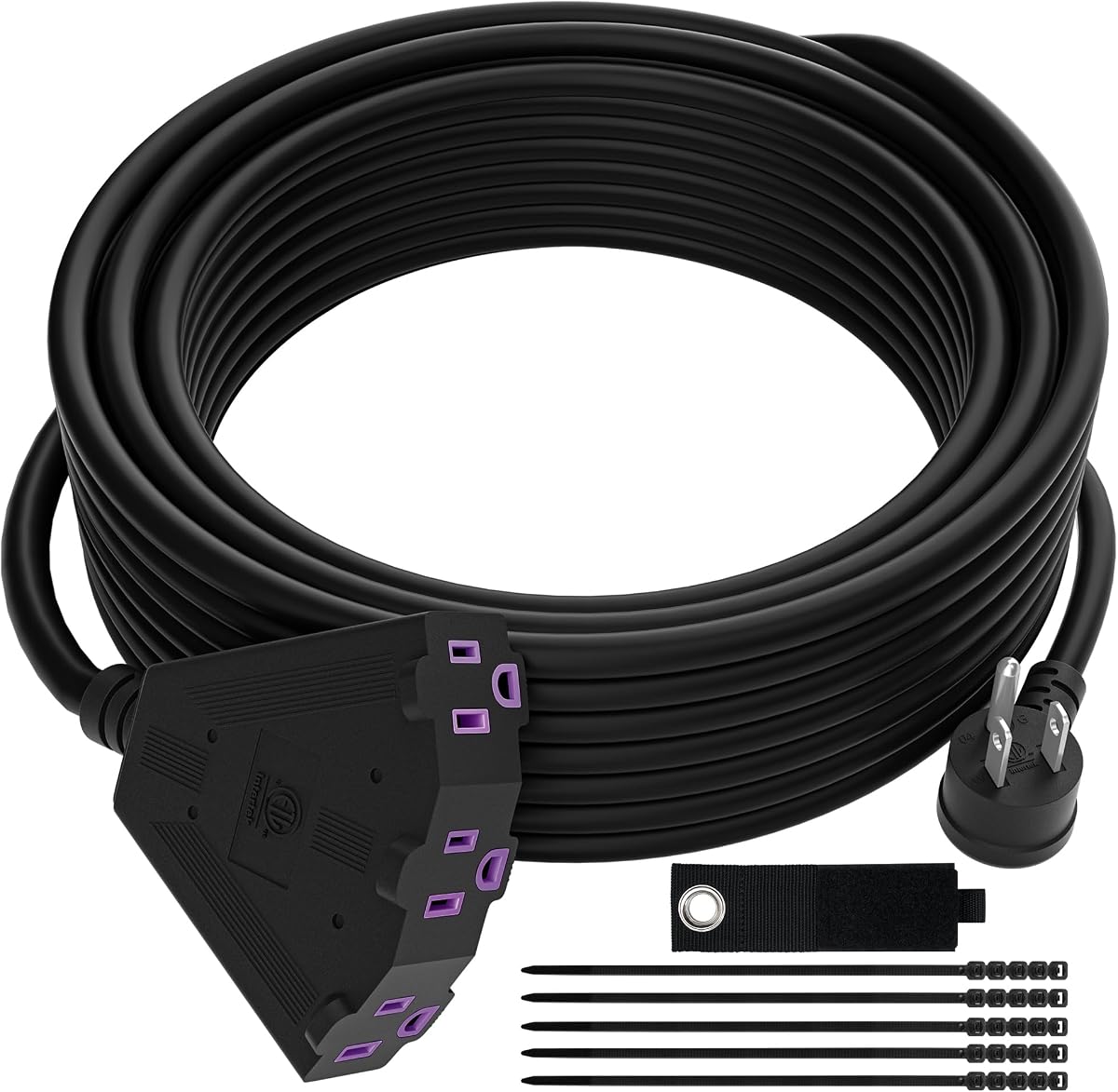 Outdoor Extension Cord 20 FT with 3 Outlets, 3 Prong 90 Degree Angled Plug, 12/3 Heavy Duty 12 Gauge Power Cable, 12AWG, SJTW, 15A, 125V, 1875W, ETL Listed, Black Wire, with Free Carrying Strap+Ties