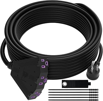 Outdoor Extension Cord 20 FT with 3 Outlets, 3 Prong 90 Degree Angled Plug, 12/3 Heavy Duty 12 Gauge Power Cable, 12AWG, SJTW, 15A, 125V, 1875W, ETL Listed, Black Wire, with Free Carrying Strap+Ties