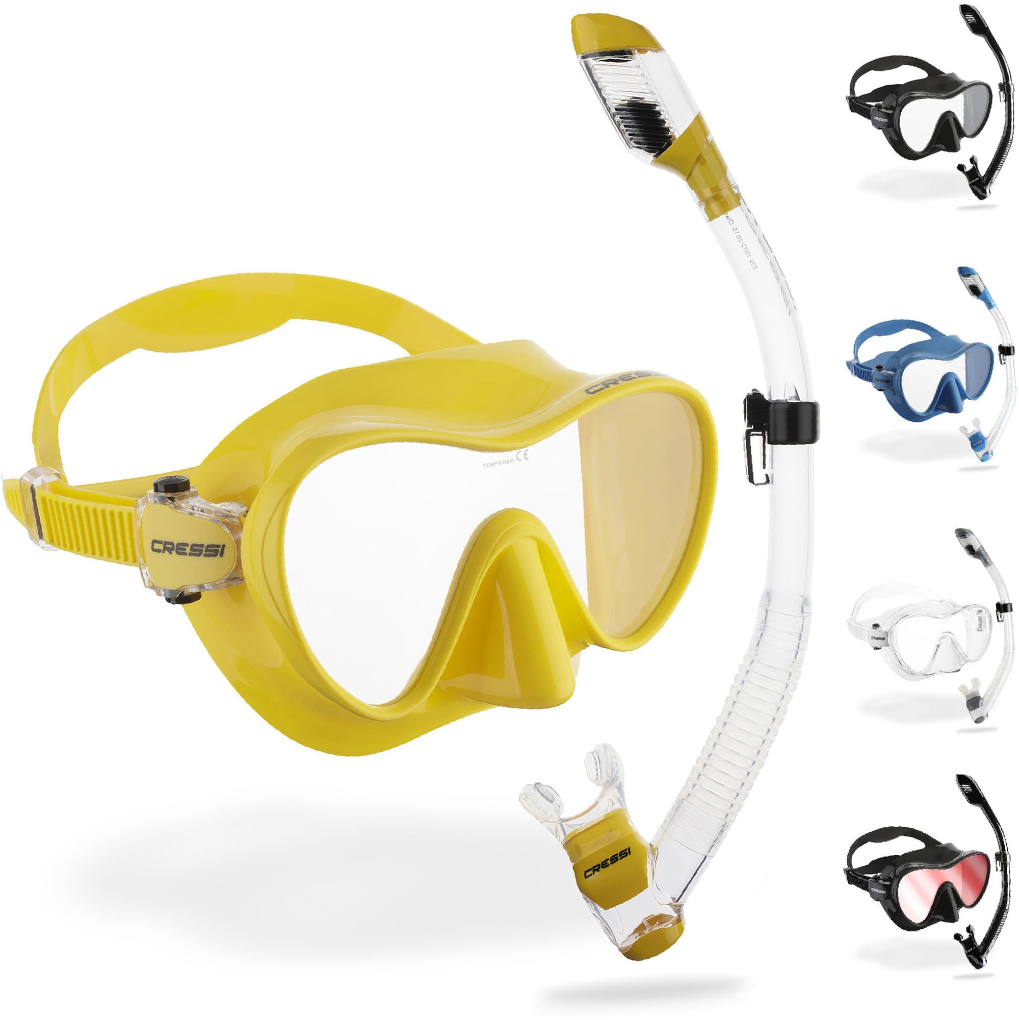 CRESSI F1 Yellow + Dry Clear/Yellow Combo - Conjunto Máscara Monocristal Tecnologia Frameless + Tubo respirador Dry para Buceo y Snorkel, Transparente/Amarillo, Talla Única, Unisex
