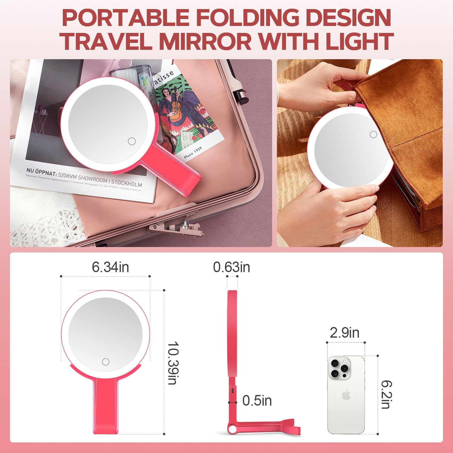 MIYADIVA Lighted Makeup Mirror, 30X Magnifying Mirror with Light, Hanging and Handheld Mirror with Handle, Red