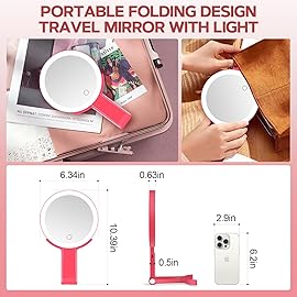 MIYADIVA Lighted Makeup Mirror, 30X Magnifying Mirror with Light, Hanging and Handheld Mirror with Handle, Red