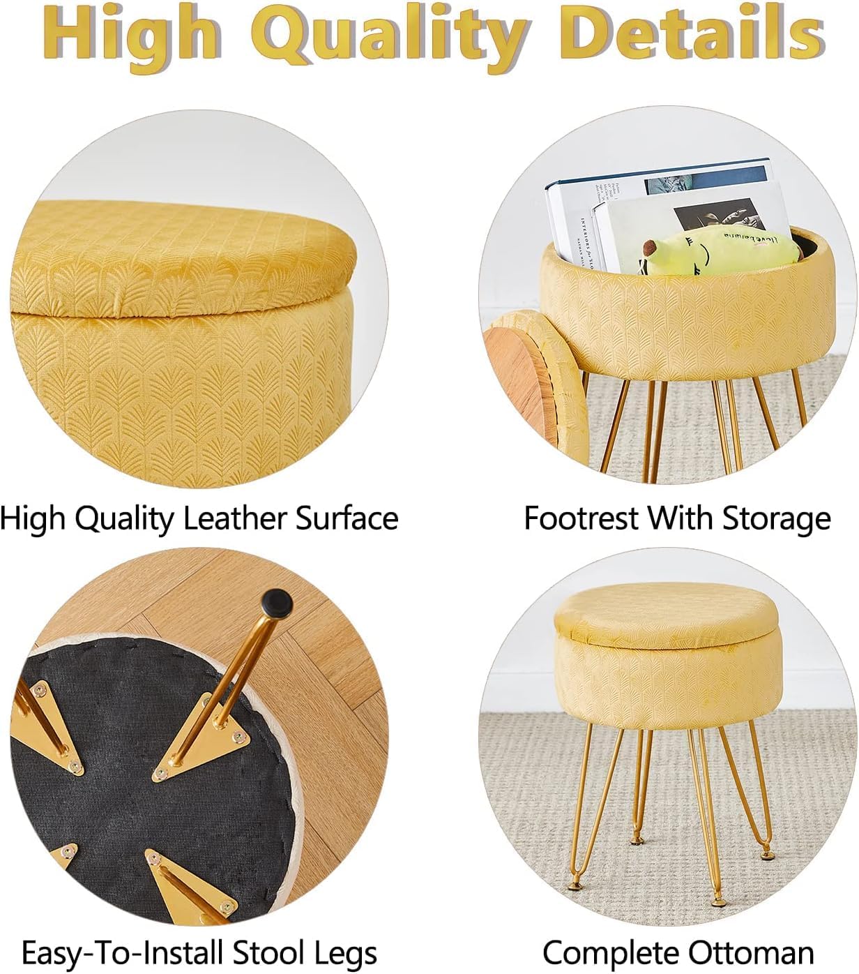 Cpintltr Velvet Ottoman Round Footrest Footstools with Storage Space Soft Vanity Chair with Memory Foam Seat Small Side Table Hallway Step Stool 4 Gold Metal Legs with Adjustable Footings Ginger - Image 5